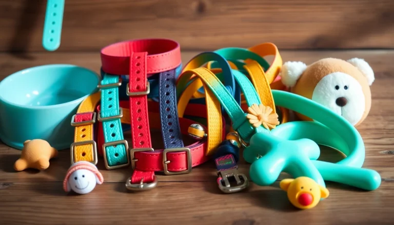 Showcase unique pet accessories such as collars and leashes in vibrant colors that enhance pet safety.