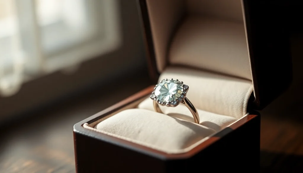 Admire the exquisite 2 carat engagement ring that sparkles beautifully in soft light against an elegant backdrop.