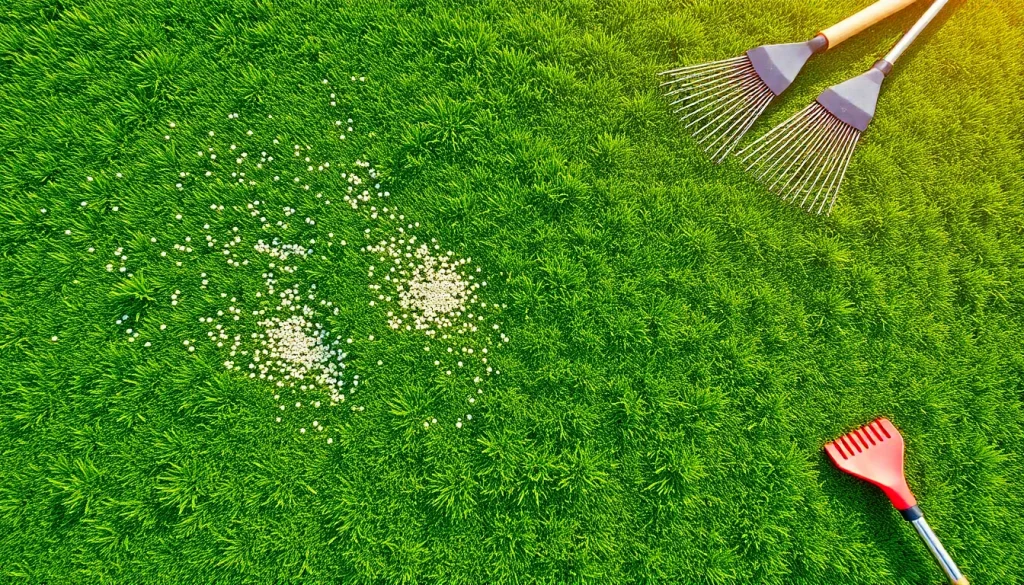 Showcasing the overseeding process on a healthy green lawn with scattered seeds and garden tools.