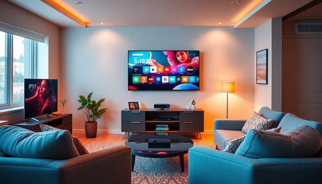 Stream your favorite shows with abonnement iptv in a modern, cozy living room.