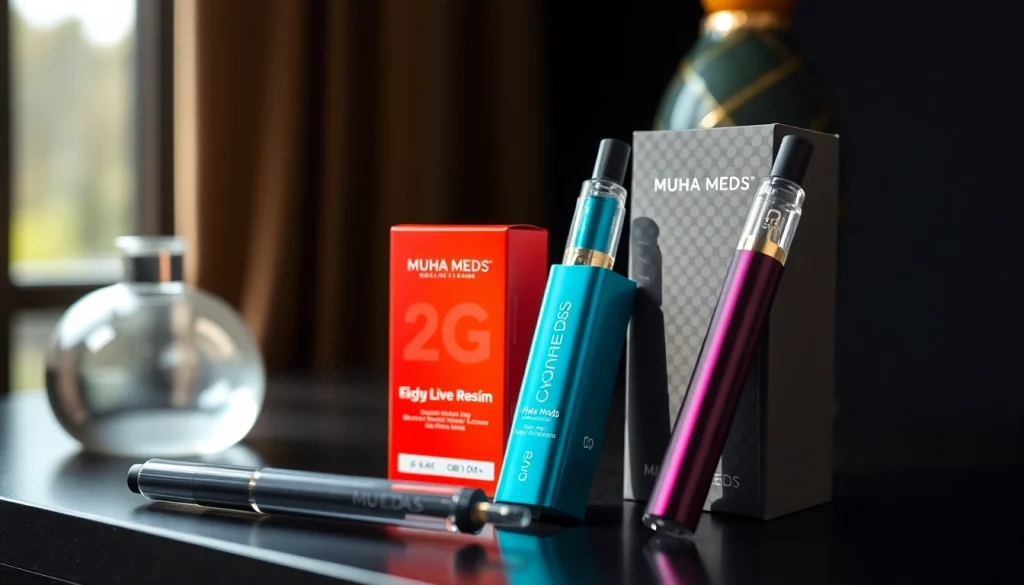 Experience the premium Muha Meds 2g live resin disposable vape pens showcasing vibrant packaging.