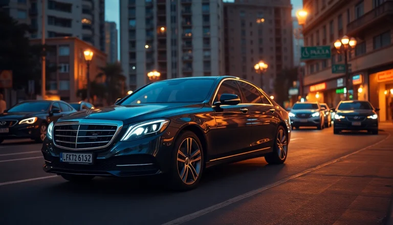 Luxury driver hire Sao Paulo with a sleek chauffeur-driven car against a vibrant city backdrop at dusk.