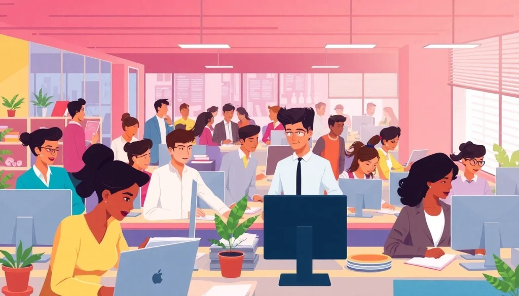 Discover what people actually do during their workday in a vibrant office setting with diverse professionals collaborating on various tasks.