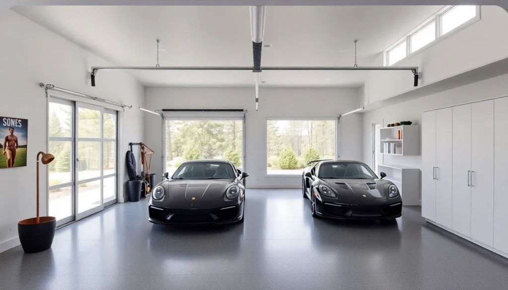 Showcasing custom garages with modern design elements and ample storage solutions for an organized space.