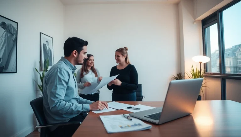 Property management discussion and planning in a modern office setting with clients.