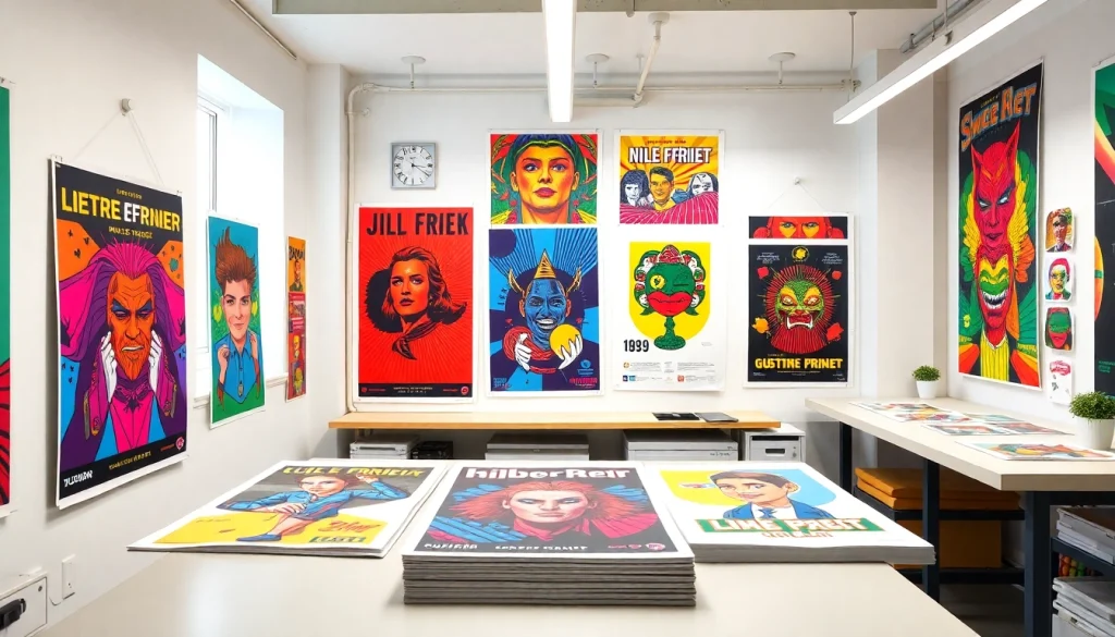 Showcasing vibrant poster printing Dublin with various custom sizes displayed prominently in a creative workspace.