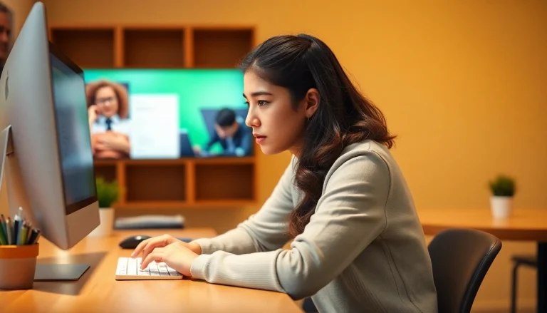 Student focused on their english test duolingo online, showcasing concentration and a modern workspace.