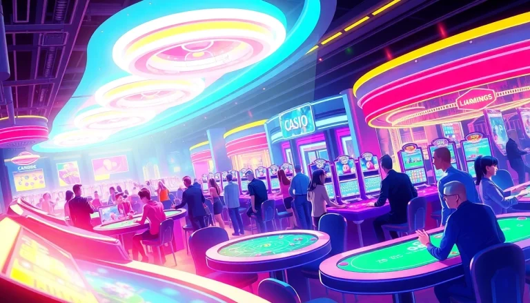 Experience the thrilling atmosphere of ok win's futuristic casino gaming environment with diverse players engaging.