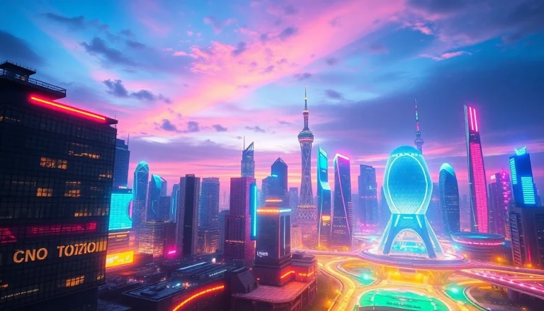 Tech-inspired futuristic cityscape showcasing advanced architecture under a vibrant dusk sky.