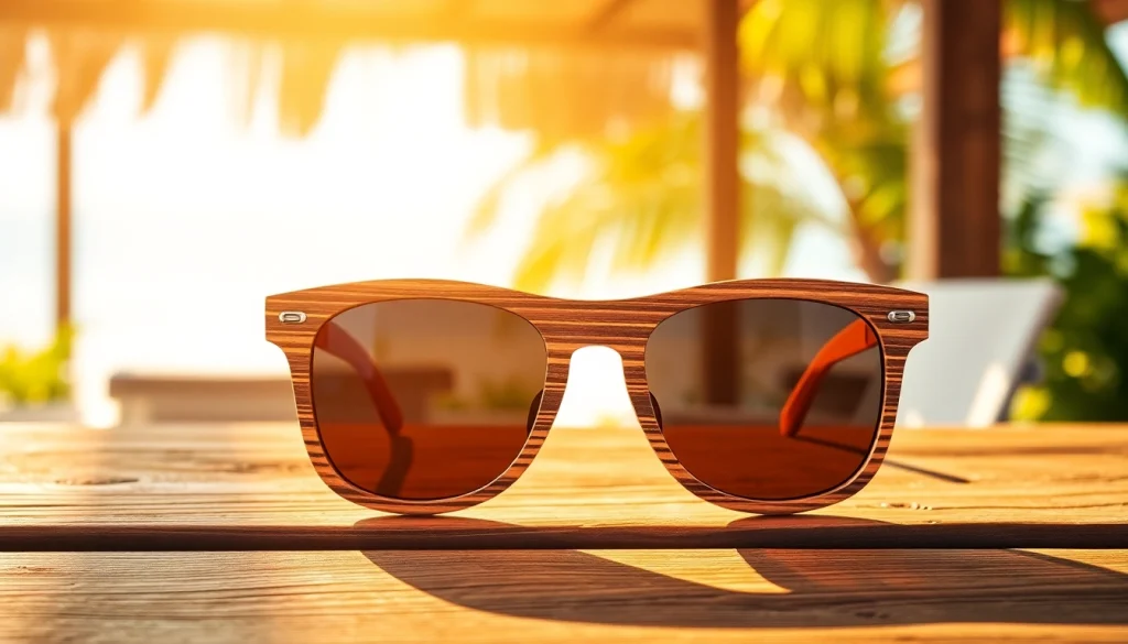 Showcasing stylish wooden sunglasses that invite you to Visit Here for sustainable fashion.