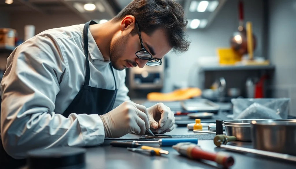 Technician engaged in prep table repair, highlighting detailed workspace tools and activities.