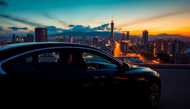 Luxury driver hire Sao Paulo featuring a professional chauffeur in an elegant black sedan amidst the stunning São Paulo skyline.