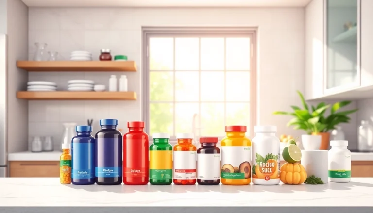 Showcasing various dietary supplements on a modern countertop, highlighting health benefits.