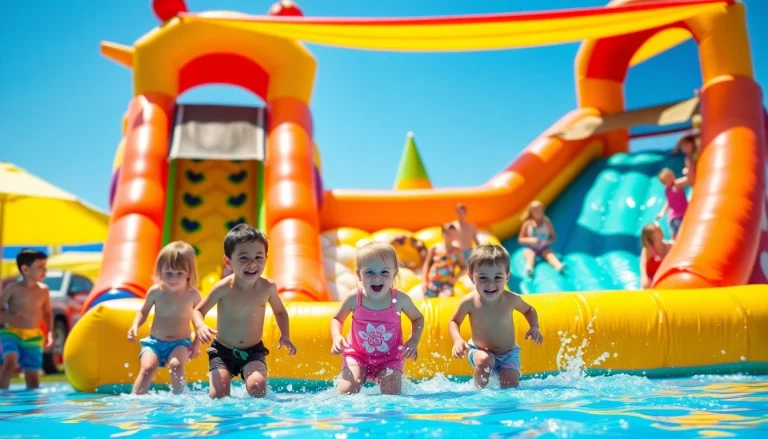 Children enjoying a slide rental, splashing water at a summer birthday party.