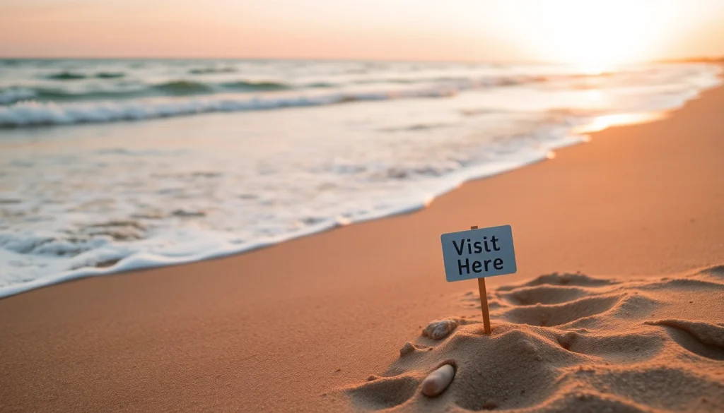 Relaxing beach scene with a sign reading Visit Here pointing towards the shore, inviting travelers to unwind.