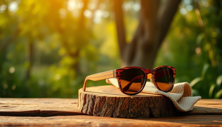 Stylish wooden sunglasses displayed uniquely to encourage a Visit Here experience.