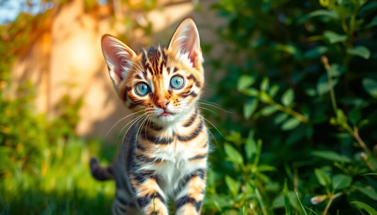 Adorable Bengal kitten playing in the garden, representing Registered Bengal Breeder quality.