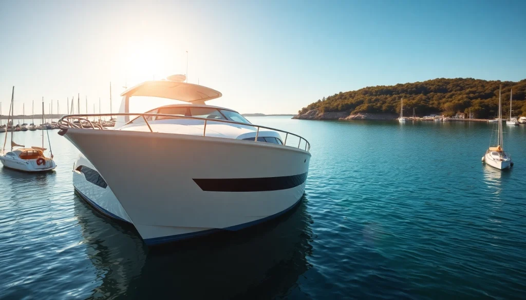 View a stylish cabin cruiser boat moored peacefully in a marina, highlighting its elegant structure.