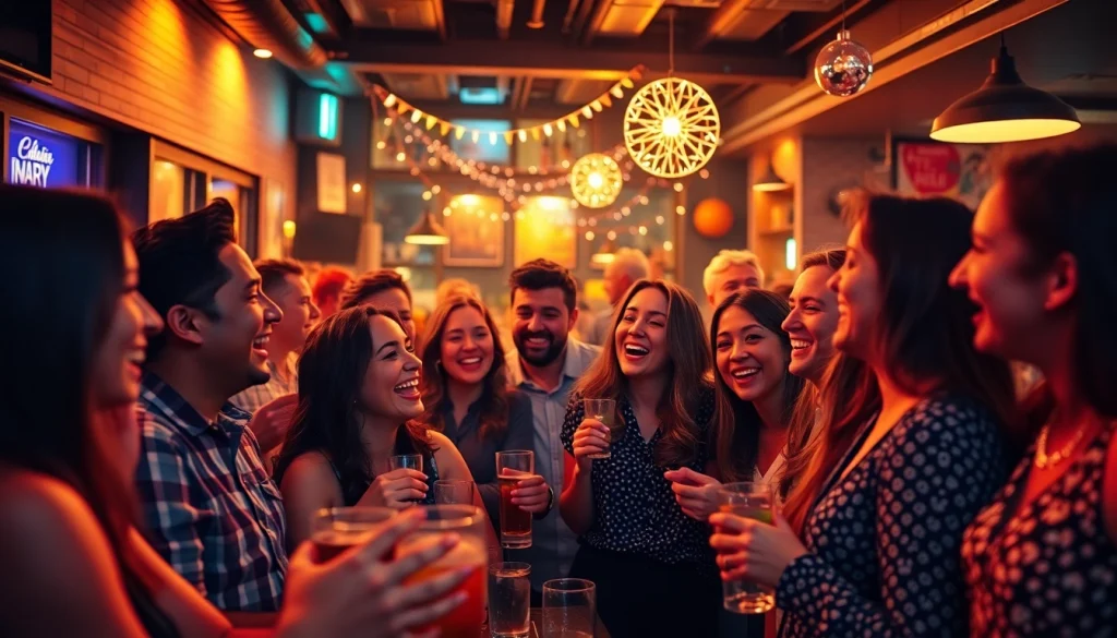 Enjoy a vibrant After Work Party featuring colleagues celebrating in a modern bar setting.