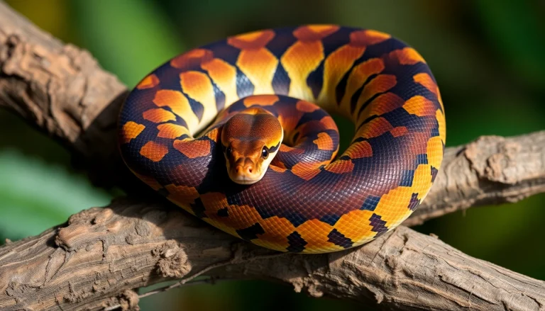 Explore the stunning Volta ball python for sale​ showcasing vibrant colors and an intricate pattern against a natural backdrop.