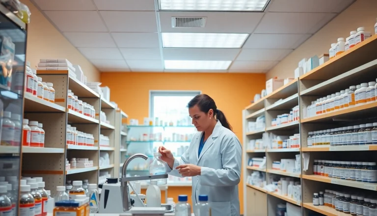 Pharmacist compounding medication in a Compounding Pharmacy setting, highlighting custom medication preparation.