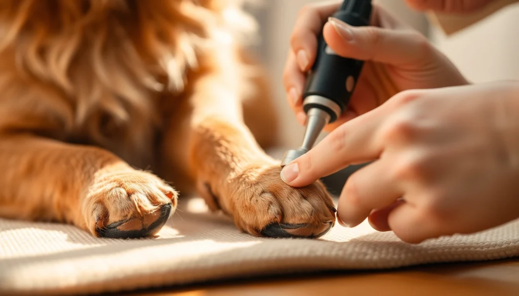 Pet grooming with a nail grinder, showing a dog's paws being carefully manicured.