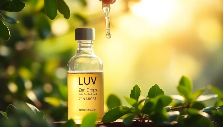 LUV Zen Drops showcasing tranquil relief from stress, featuring a calming bottle amidst soothing foliage.