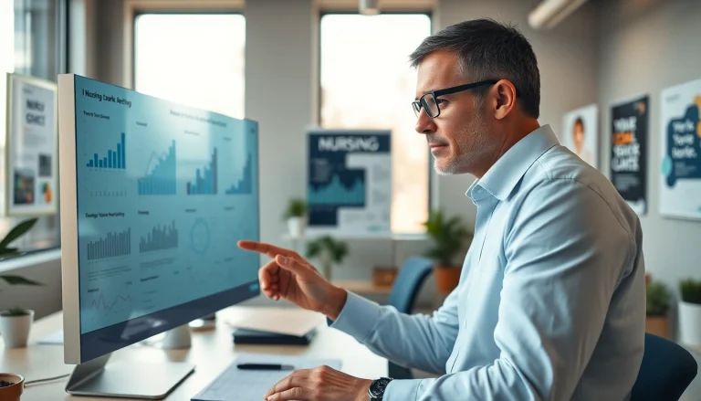 Marketing für Pflegedienste: Professioneller Berater analysiert Daten in einem modernen Büro.
