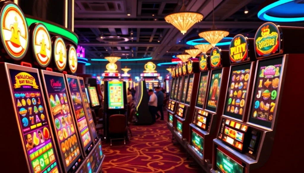Bermain slot demo disertai mesin slot berwarna-warni di lingkungan kasino yang meriah.