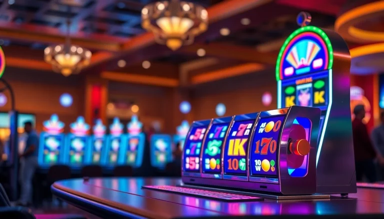 Mainkan slot demo dengan berbagai simbol cerah dalam suasana kasino yang meriah.