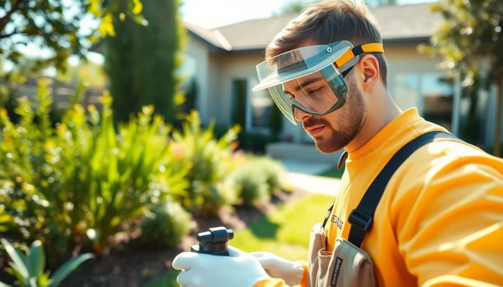 Pest Control Services technician applying eco-friendly treatment in a residential garden.