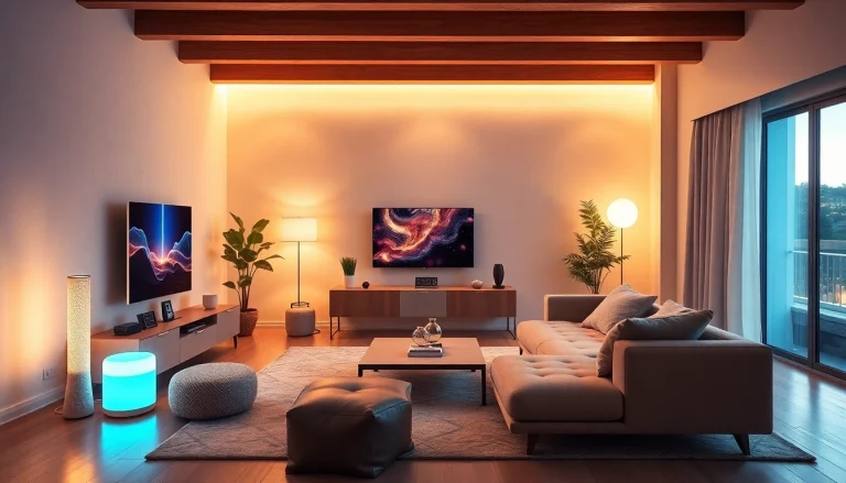 The best smart home gadgets displayed in a stylish living room setup, featuring innovative devices like smart speakers and lighting.