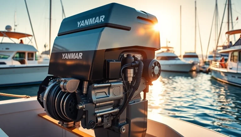Highlight the YANMAR 6LF530 Inboard Diesel Engine Sale! featuring its detailed craftsmanship in a marine backdrop.