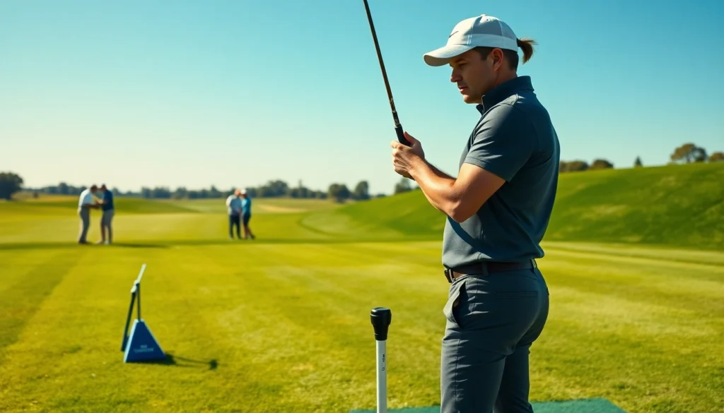 Improve your golf swing with a training aid used by a focused golfer on the driving range.