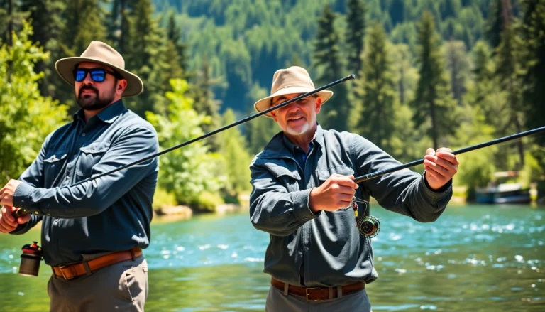 Anglers showcasing colorful fly fishing apparel while casting lines by a serene river.