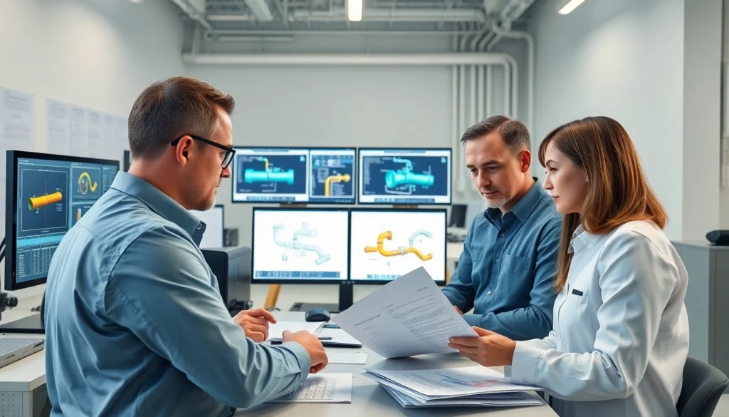Piping stress Analysis Company engineers analyzing complex piping systems with high-tech tools.