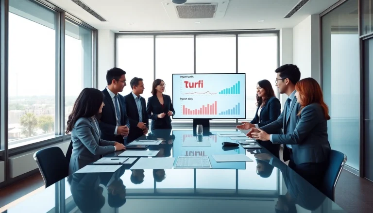 Analyzing import tariffs China during a business meeting with charts and diverse professionals.