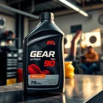 Showcasing gear oil 75w90 synthetic in a professional mechanic's workshop setting.