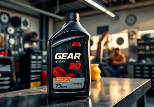 Showcasing gear oil 75w90 synthetic in a professional mechanic's workshop setting.