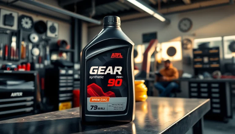 Showcasing gear oil 75w90 synthetic in a professional mechanic's workshop setting.