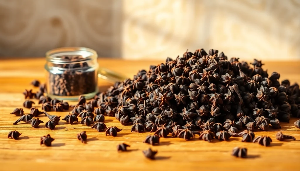 Cloves displayed with rich texture and a rustic kitchen background, emphasizing their culinary significance.