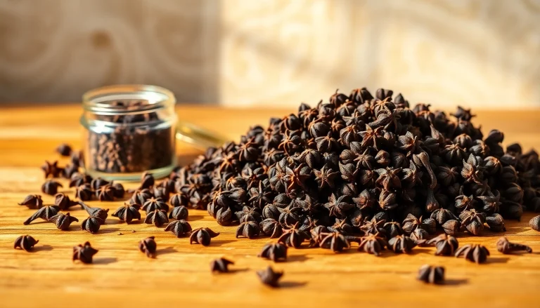Cloves displayed with rich texture and a rustic kitchen background, emphasizing their culinary significance.