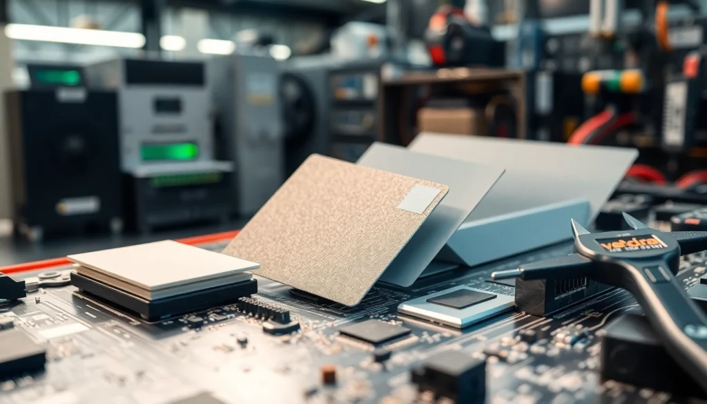 Showcasing thermal management materials on an electronic circuit board, highlighting their cooling properties and effectiveness.