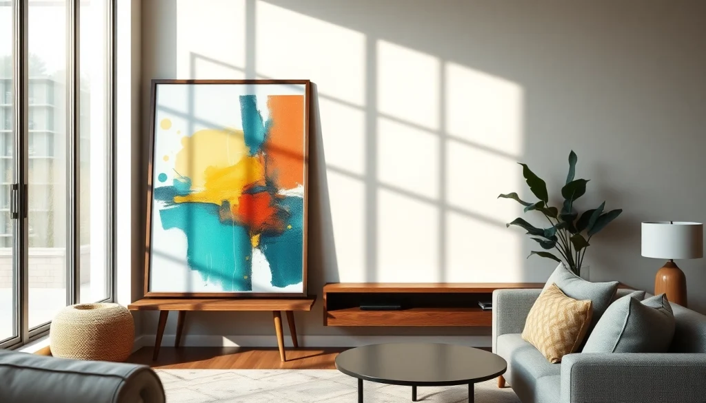 Showcasing a 24x36 frame in a modern living room with a vibrant art piece highlighting style.