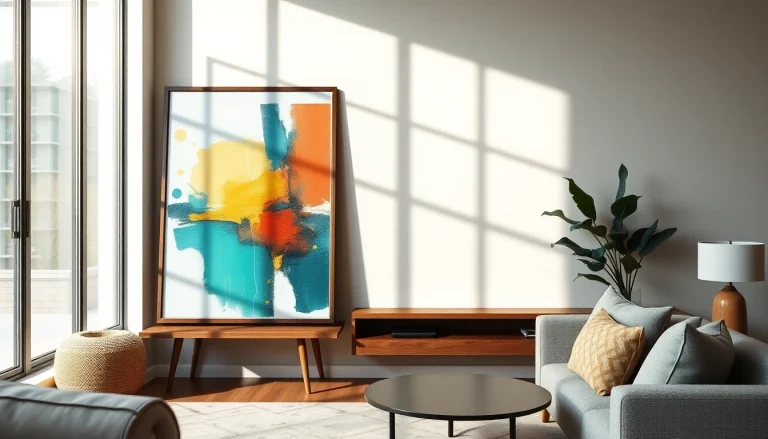 Showcasing a 24x36 frame in a modern living room with a vibrant art piece highlighting style.