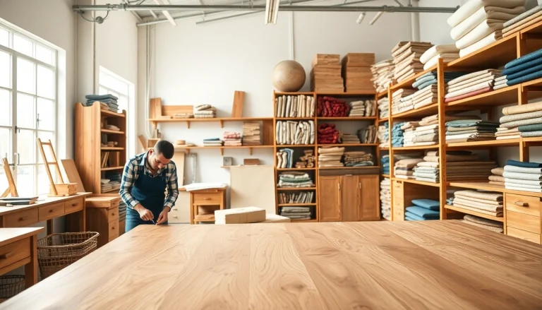 Showcase of custom shops with artisans crafting unique furniture in a vibrant workshop.