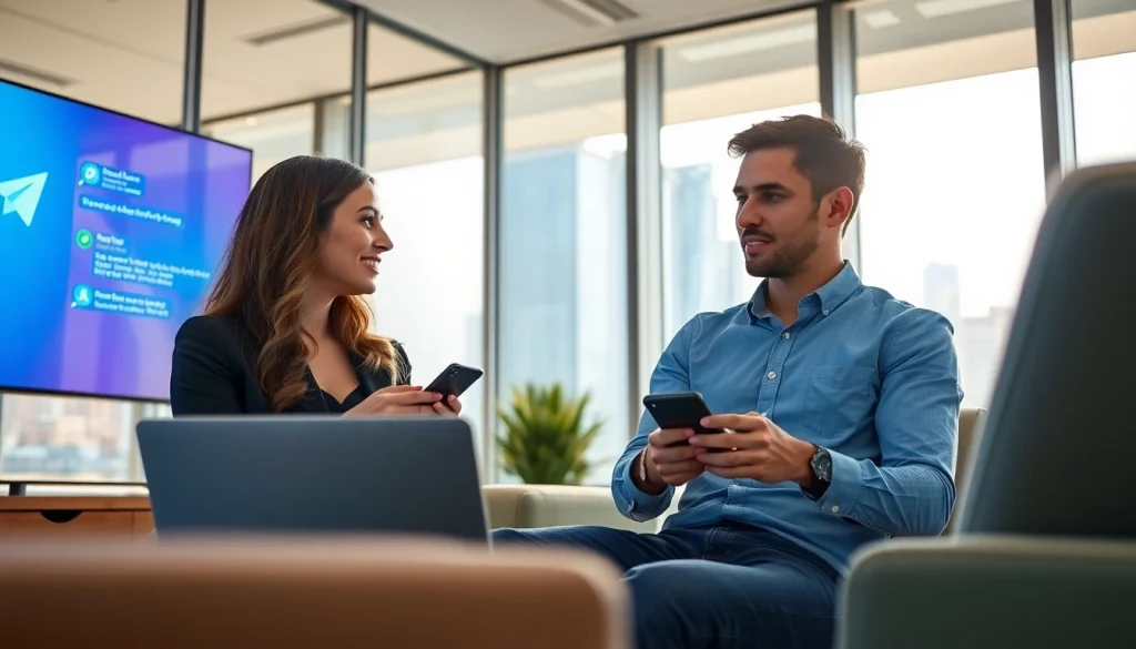 Engaged individuals communicating via 電報官网 in a modern office setting, showcasing connectivity.