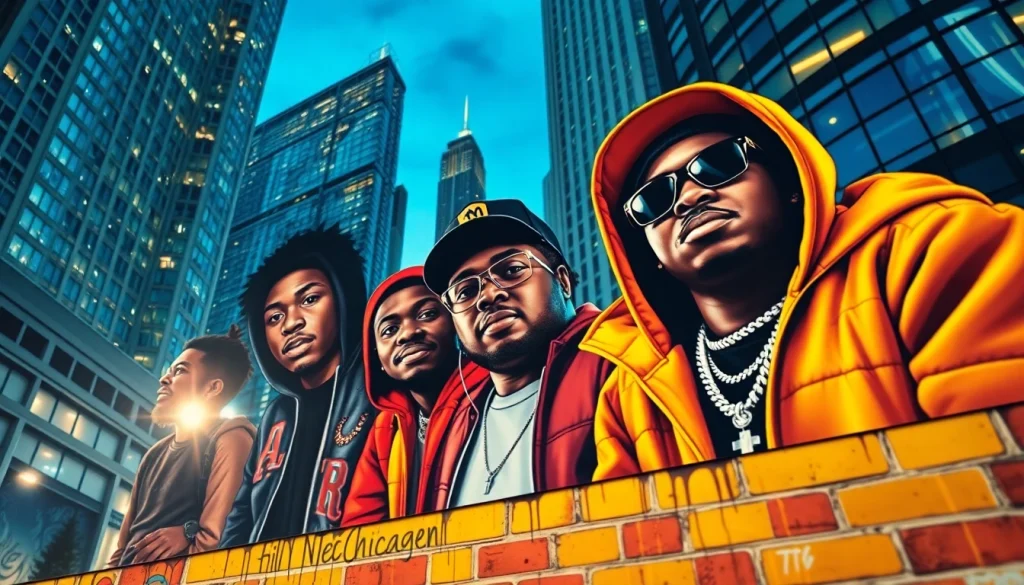 Celebrate Chicago hip-hop artists in an urban mural showcasing their vibrant energy and talent.
