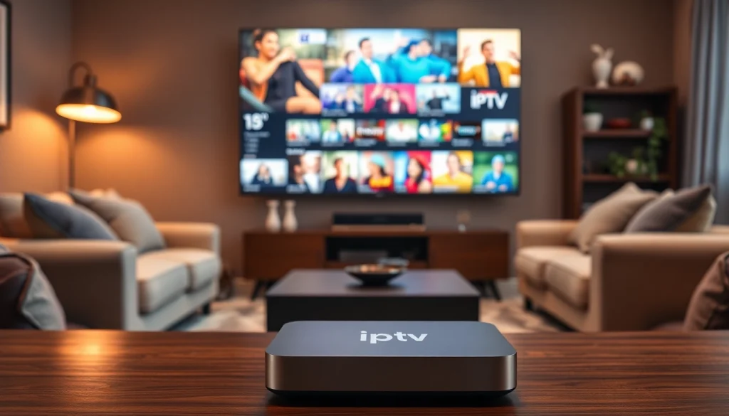 Engage with iptv services in a modern home entertainment setup showcasing streaming content on a large TV.