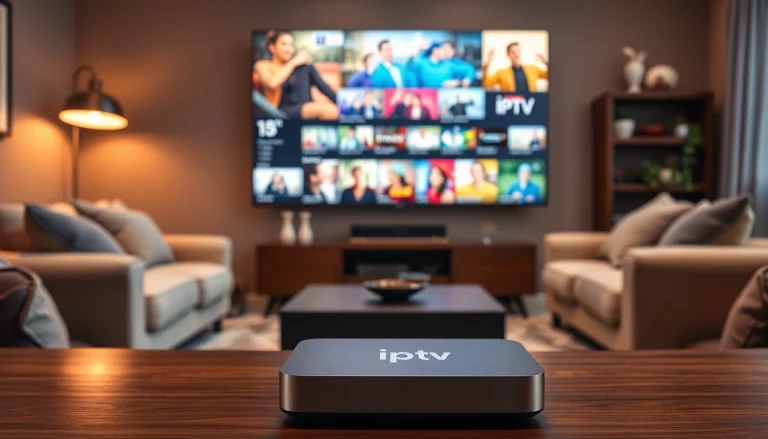 Engage with iptv services in a modern home entertainment setup showcasing streaming content on a large TV.